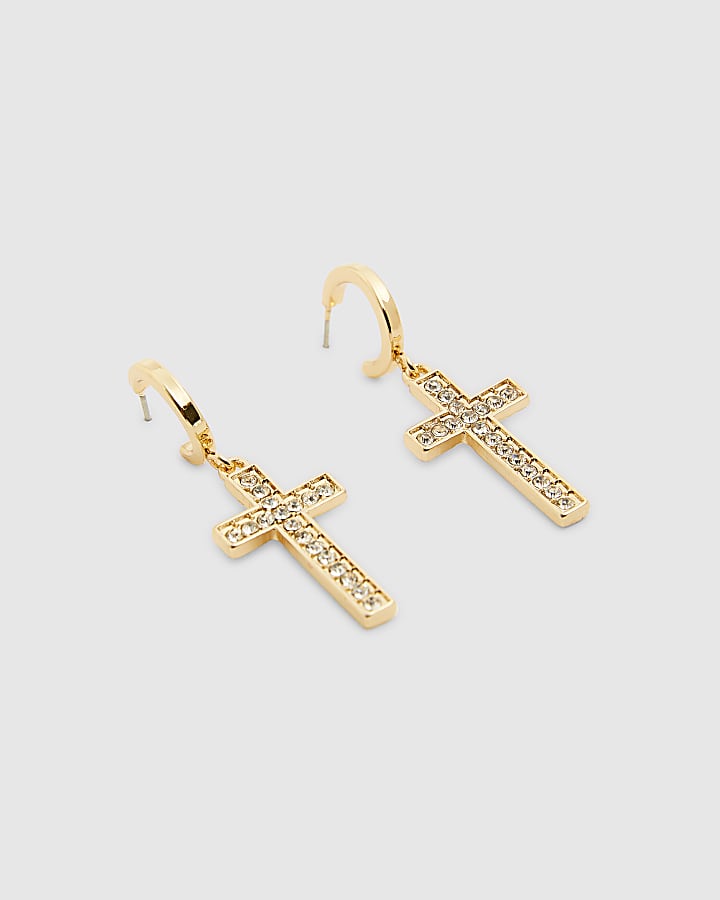 Gold Diamond Simulant Cross Hoop Earrings