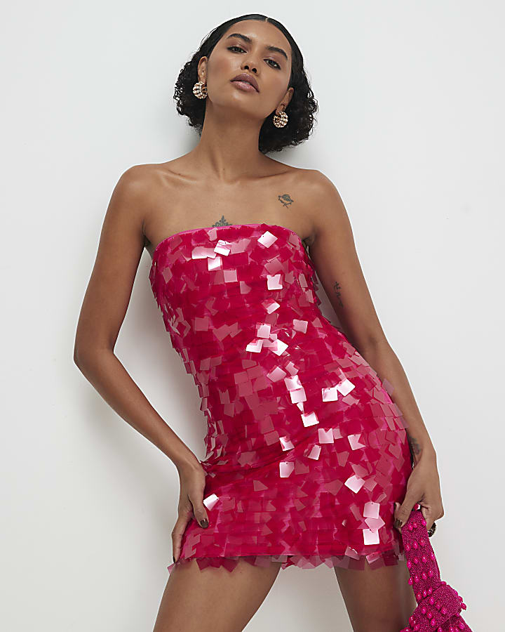 Pink Bandeau Square Sequin Mini Dress
