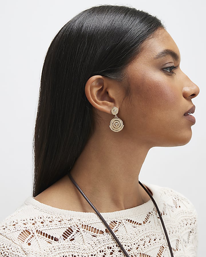 Gold Diamante Coin Drop Earrings