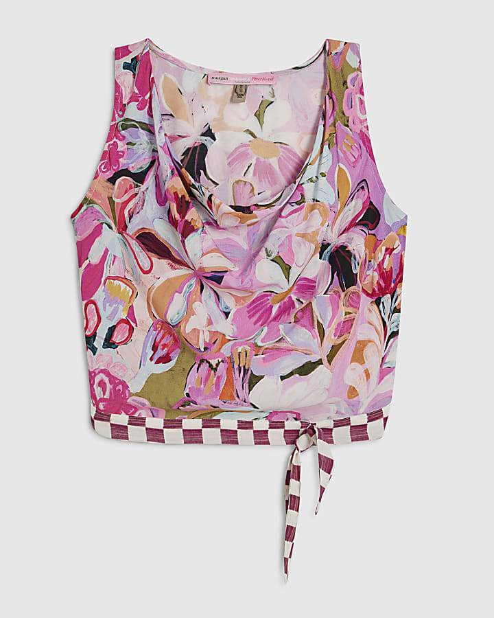 Pink Placement Print Cowl Neck Top