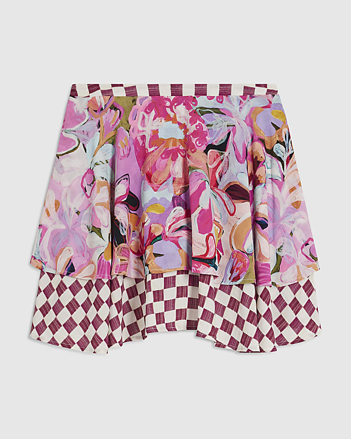 Pink Print Tiered Mini Skirt