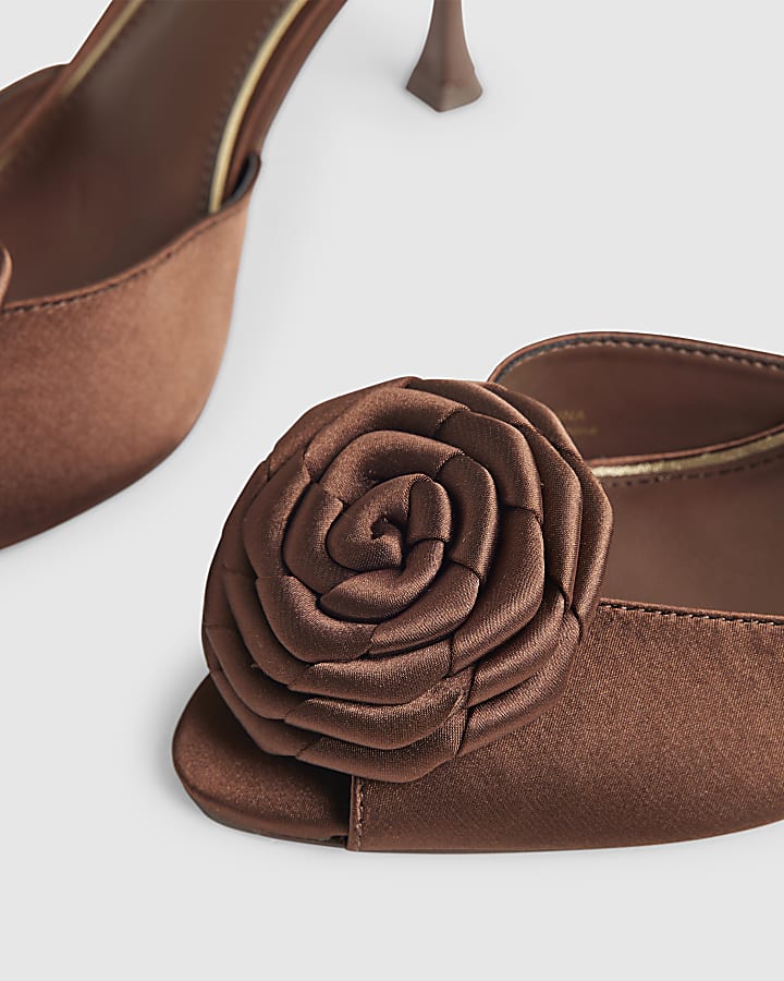 Brown Satin Rose Mule Heeled Sandals