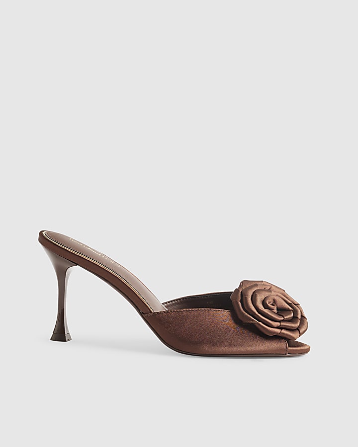 Brown Satin Rose Mule Heeled Sandals