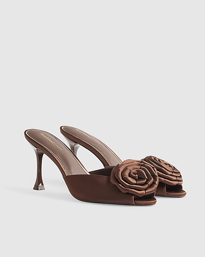 Brown Satin Rose Mule Heeled Sandals