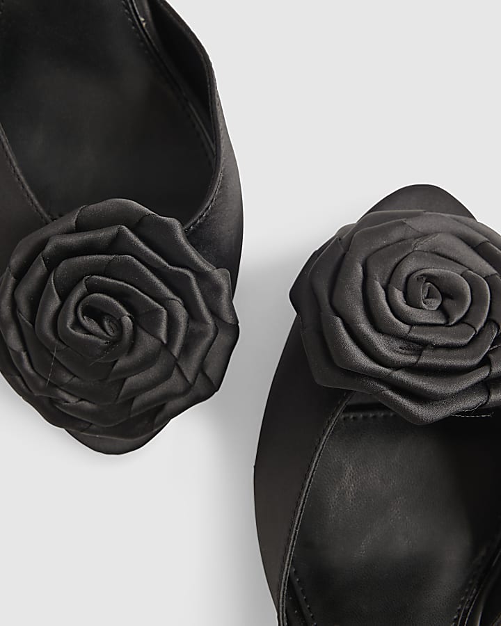 Black Satin Rose Mule Heeled Sandals