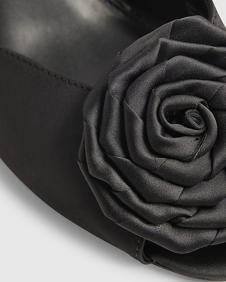 Black Satin Rose Mule Heeled Sandals