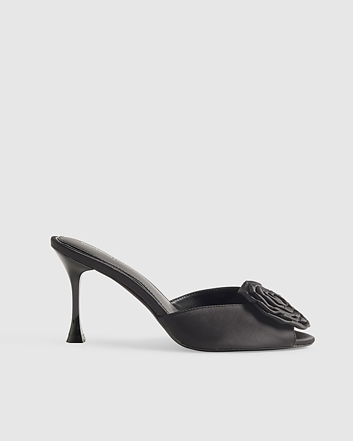 Black Satin Rose Mule Heeled Sandals