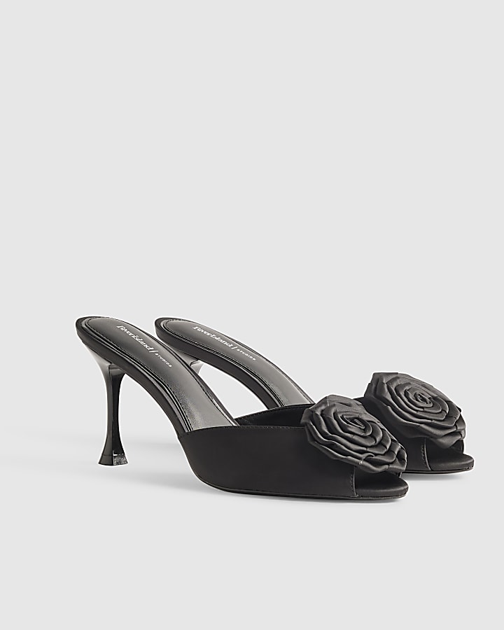 Black Satin Rose Mule Heeled Sandals