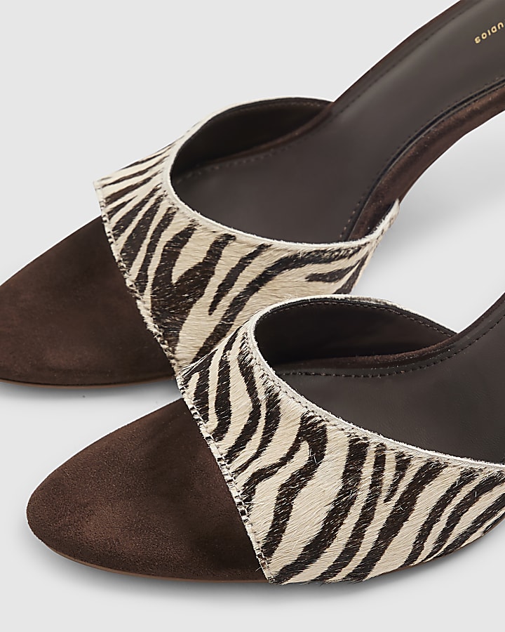 Brown Zebra Mule Heeled Sandals