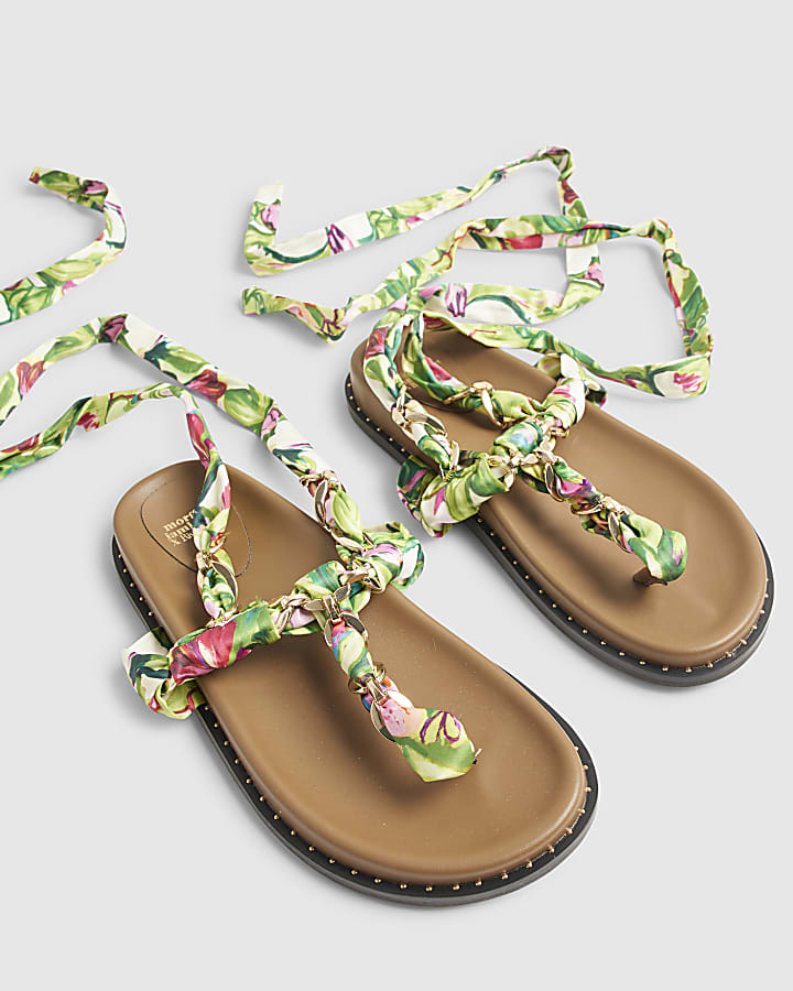 Green Chain Detail Scarf Tie Footbed Sandals