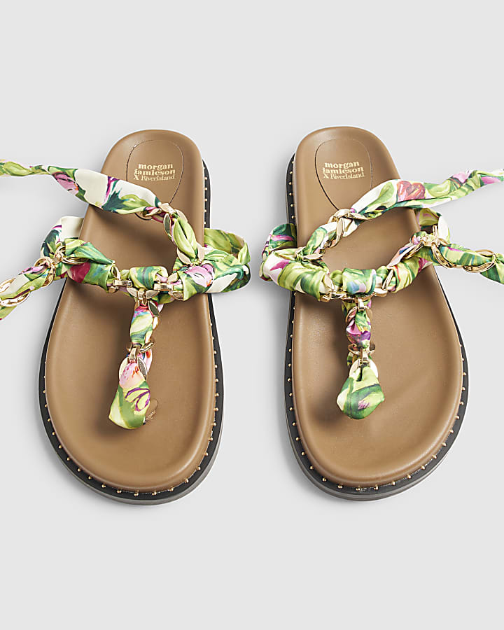 Green Chain Detail Scarf Tie Footbed Sandals