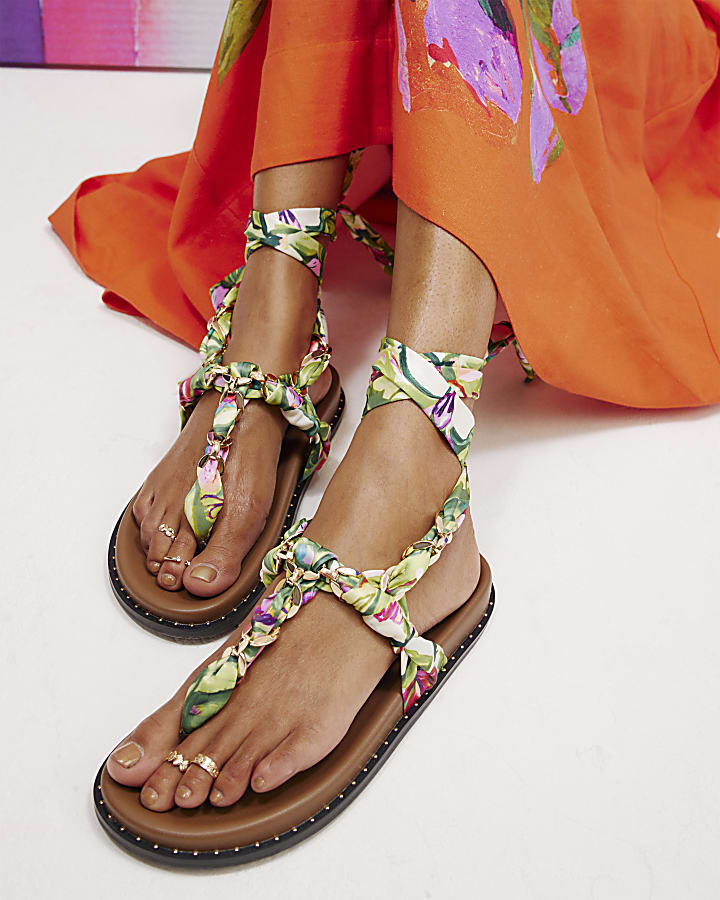 Green Chain Detail Scarf Tie Footbed Sandals