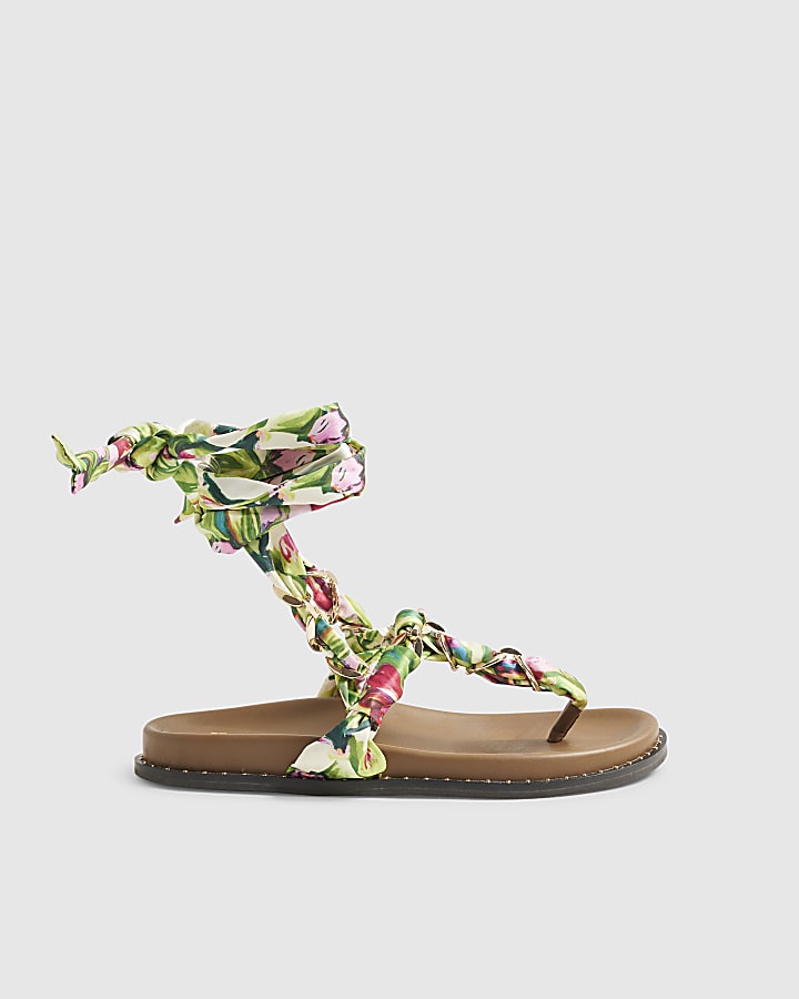 Green Chain Detail Scarf Tie Footbed Sandals