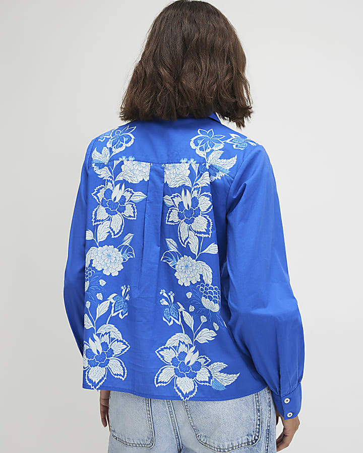 Blue Cotton Floral Long Sleeve Shirt