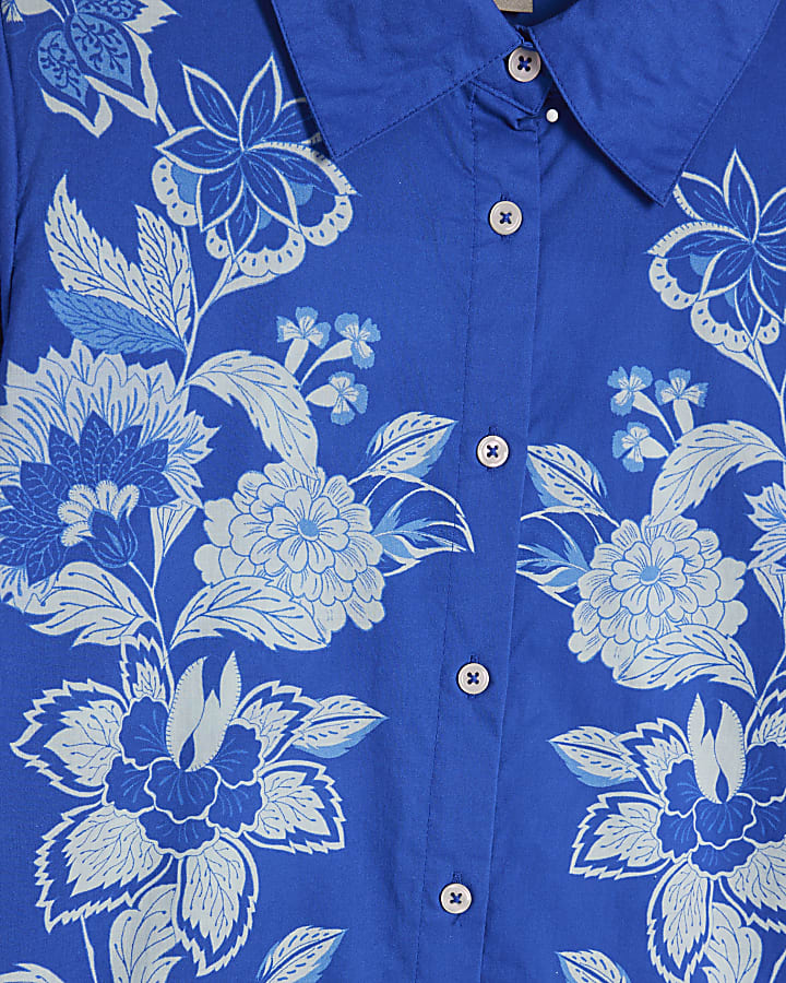 Blue Cotton Floral Long Sleeve Shirt