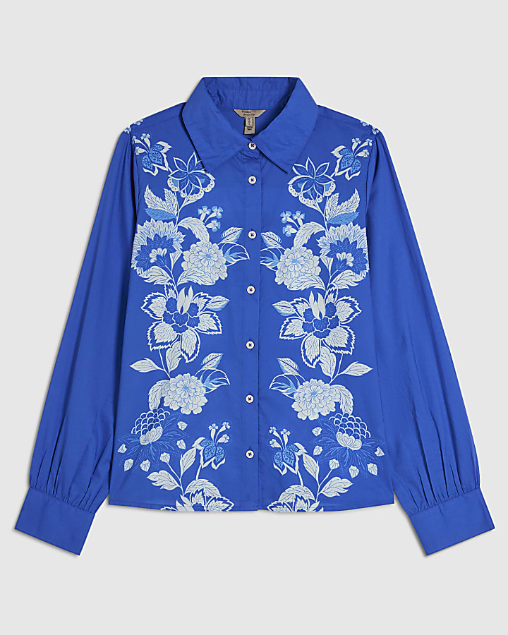 Blue Cotton Floral Long Sleeve Shirt