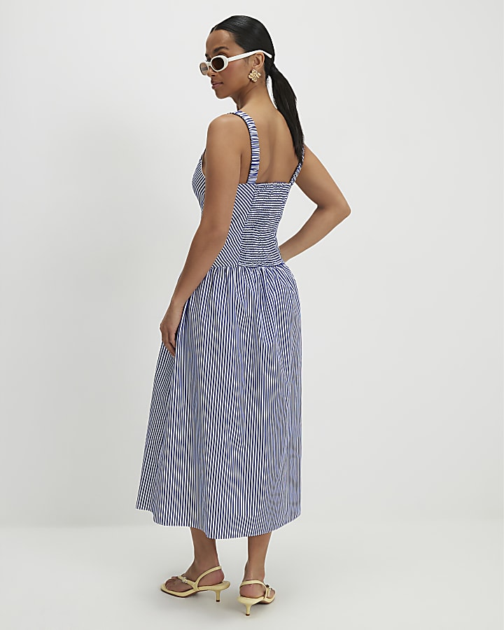 Petite Navy V Neck Stripe Midi Dress