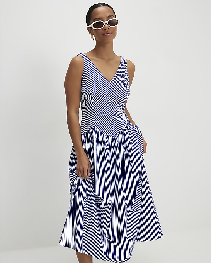 Petite Navy V Neck Stripe Midi Dress