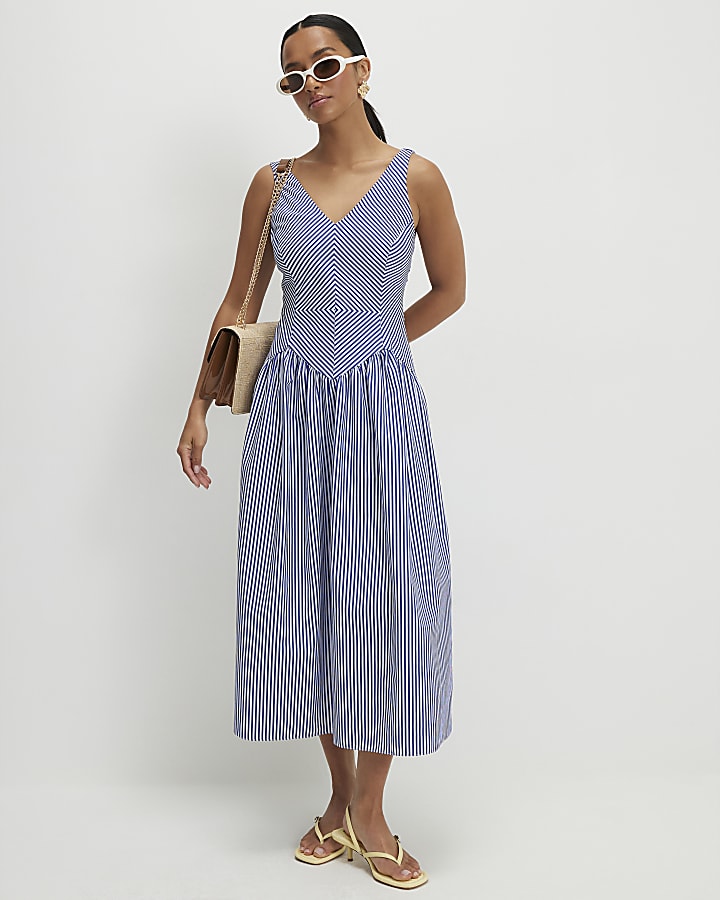 Petite Navy V Neck Stripe Midi Dress