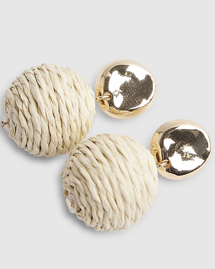 Beige Raffia Bead Ball Stud Earrings