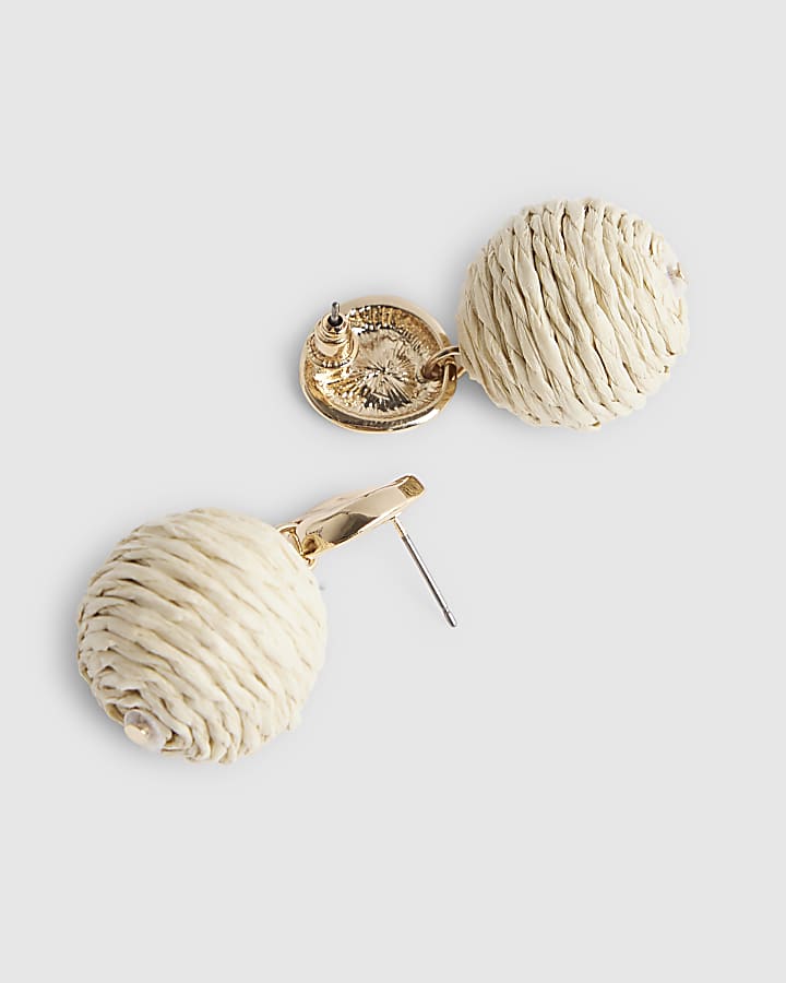 Beige Raffia Bead Ball Stud Earrings