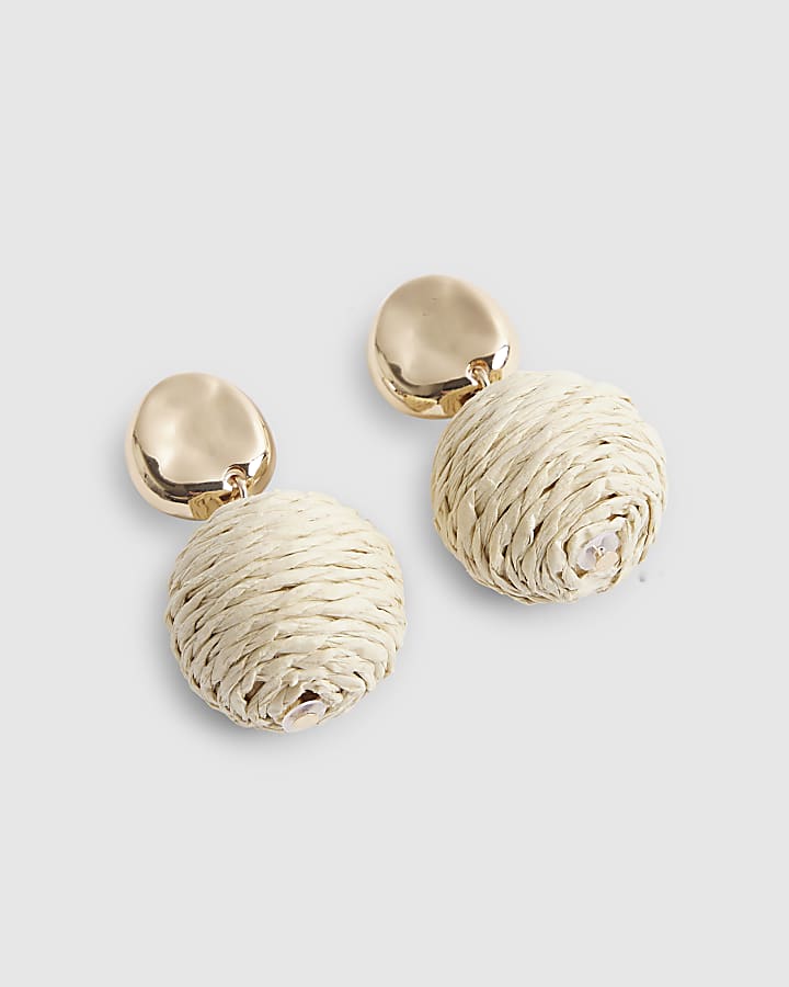 Beige Raffia Bead Ball Stud Earrings