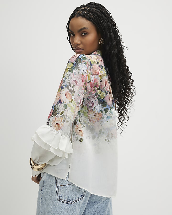 White Floral Ruffle Sleeve Blouse