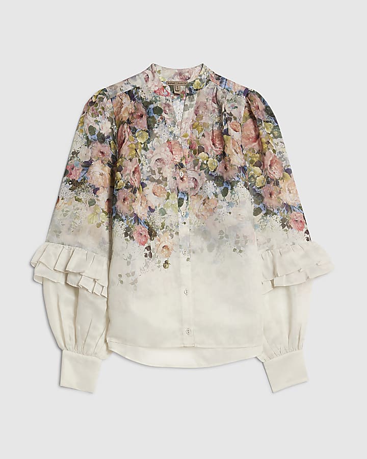 White Floral Ruffle Sleeve Blouse