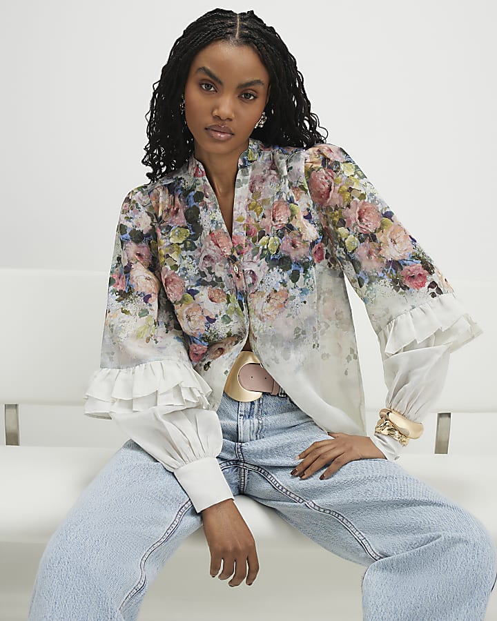 White Floral Ruffle Sleeve Blouse