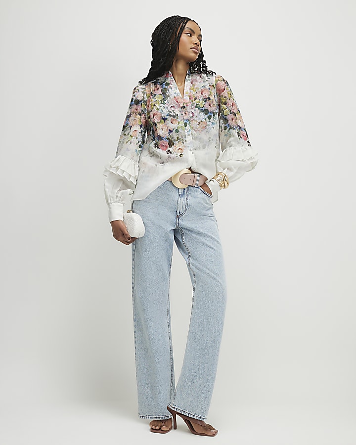 White Floral Ruffle Sleeve Blouse