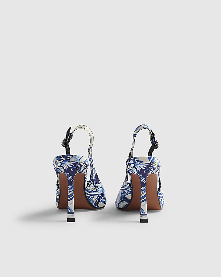 Blue Floral Print Brooch Slingback Court Heel