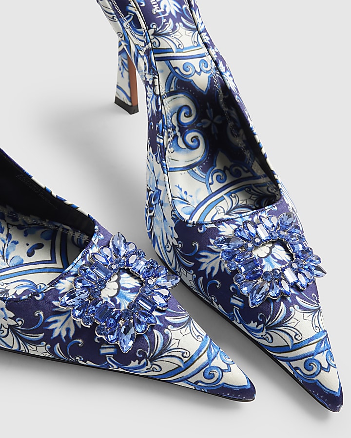Blue Floral Print Brooch Slingback Court Heel
