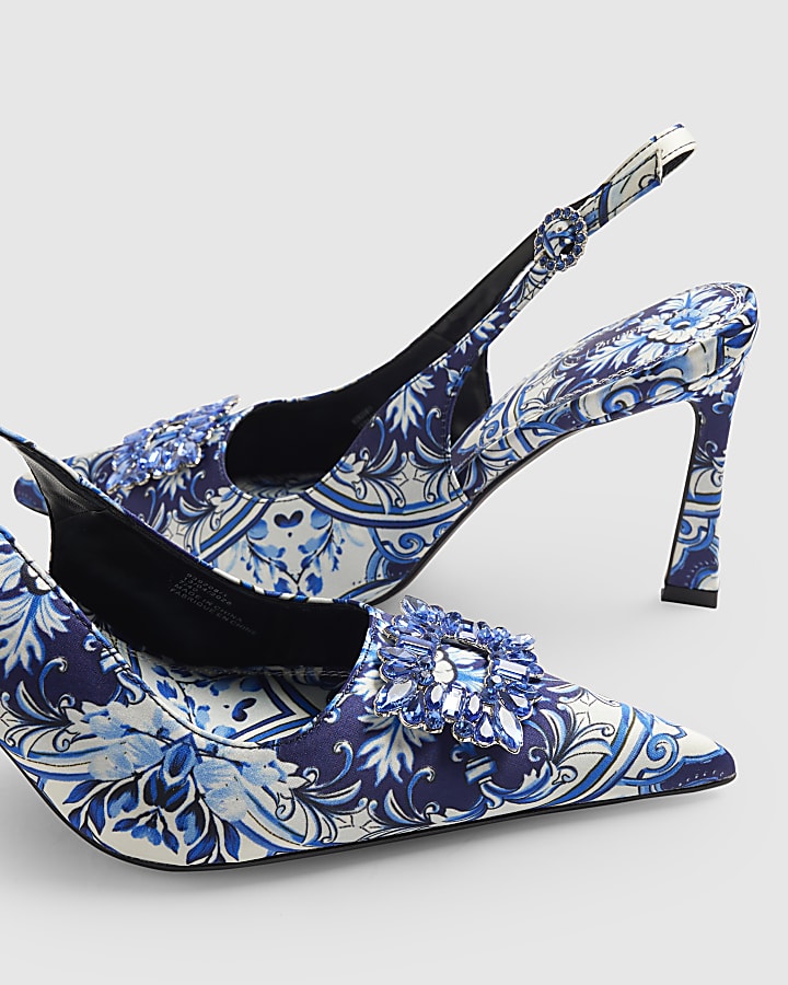 Blue Floral Print Brooch Slingback Court Heel