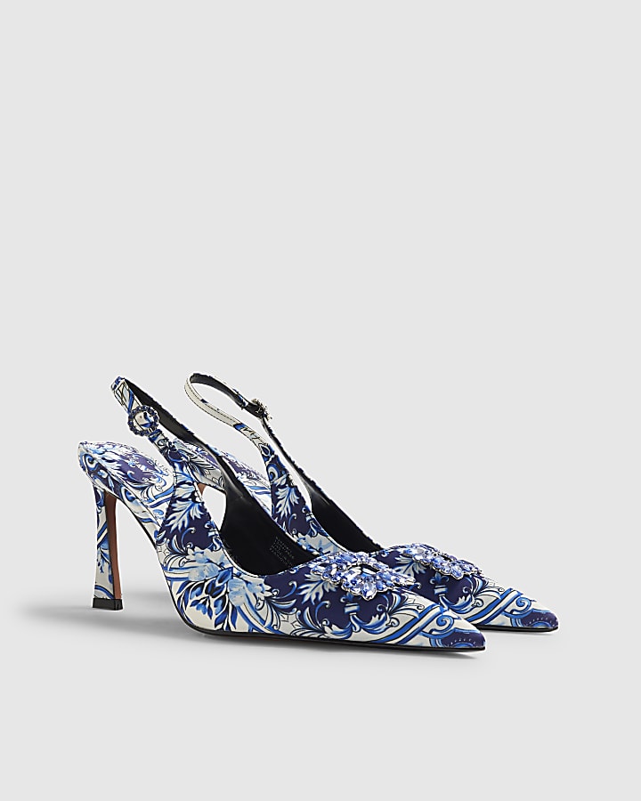 Blue Floral Print Brooch Slingback Court Heel