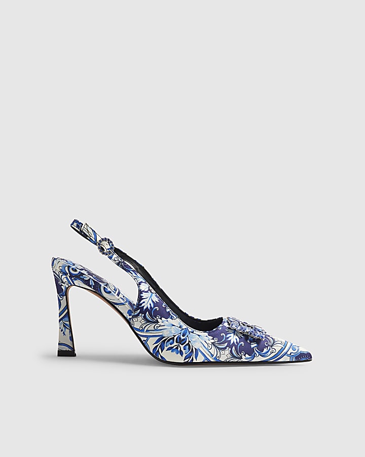 Blue Floral Print Brooch Slingback Court Heel