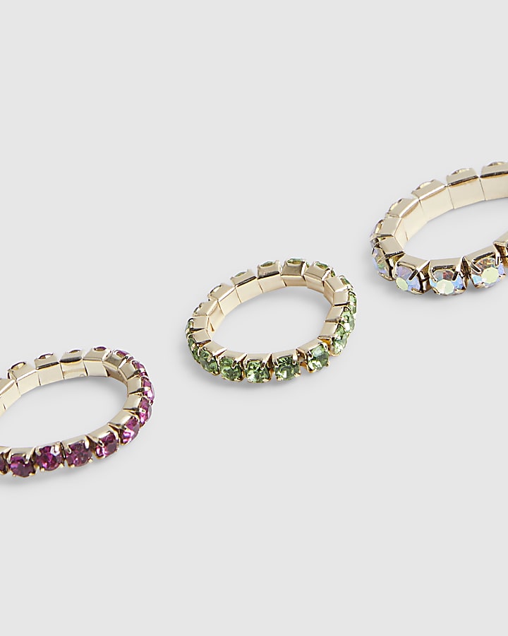 Multi Colour 3 pack diamante rings
