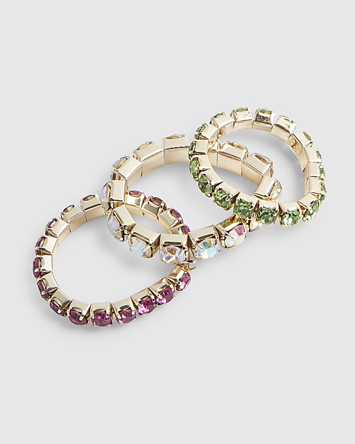 Multi Colour 3 pack diamante rings