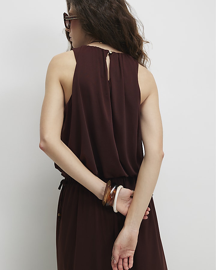 Brown Chiffon Bubble Hem Racer Top