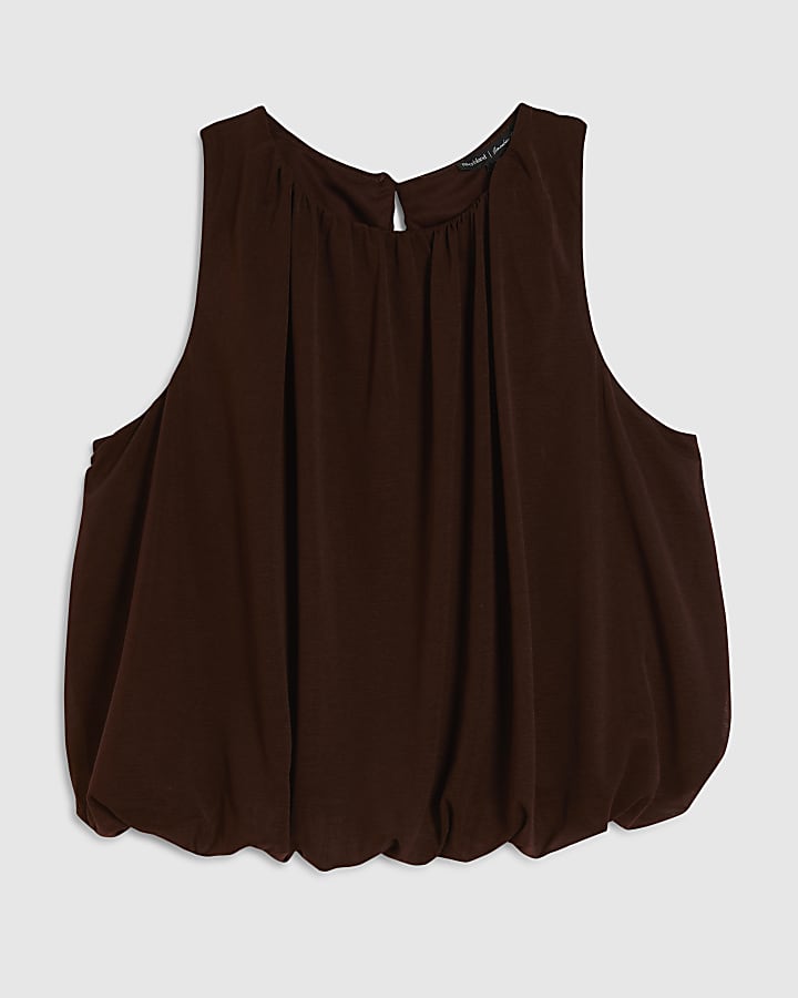 Brown Chiffon Bubble Hem Racer Top