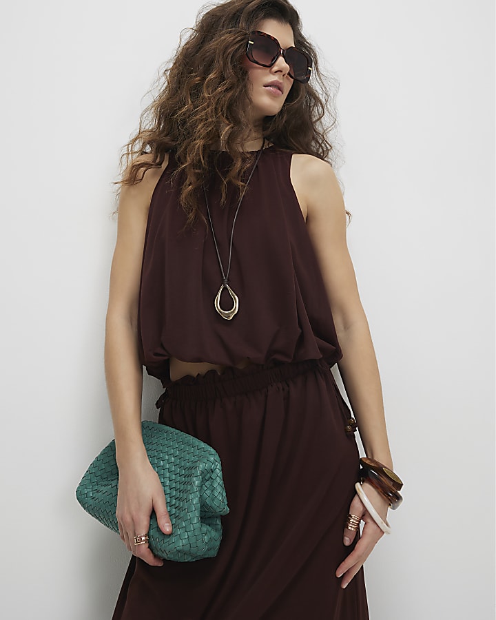 Brown Chiffon Bubble Hem Racer Top