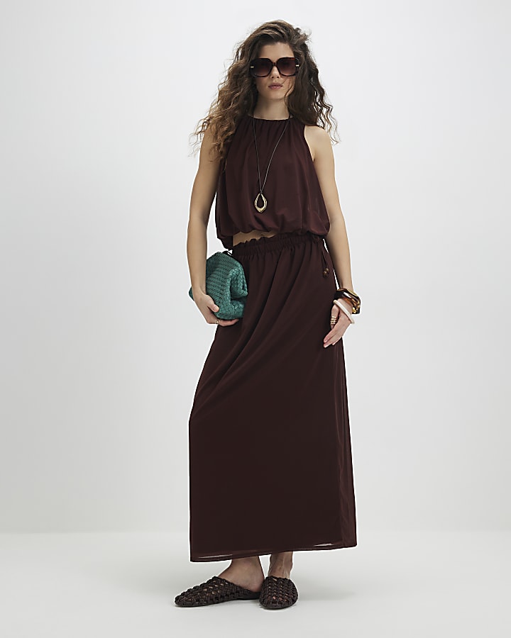 Brown Chiffon Bubble Hem Racer Top