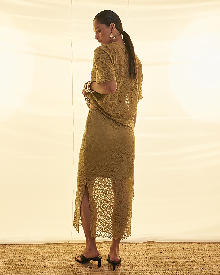 Khaki Cotton Blend Lace Midi Skirt