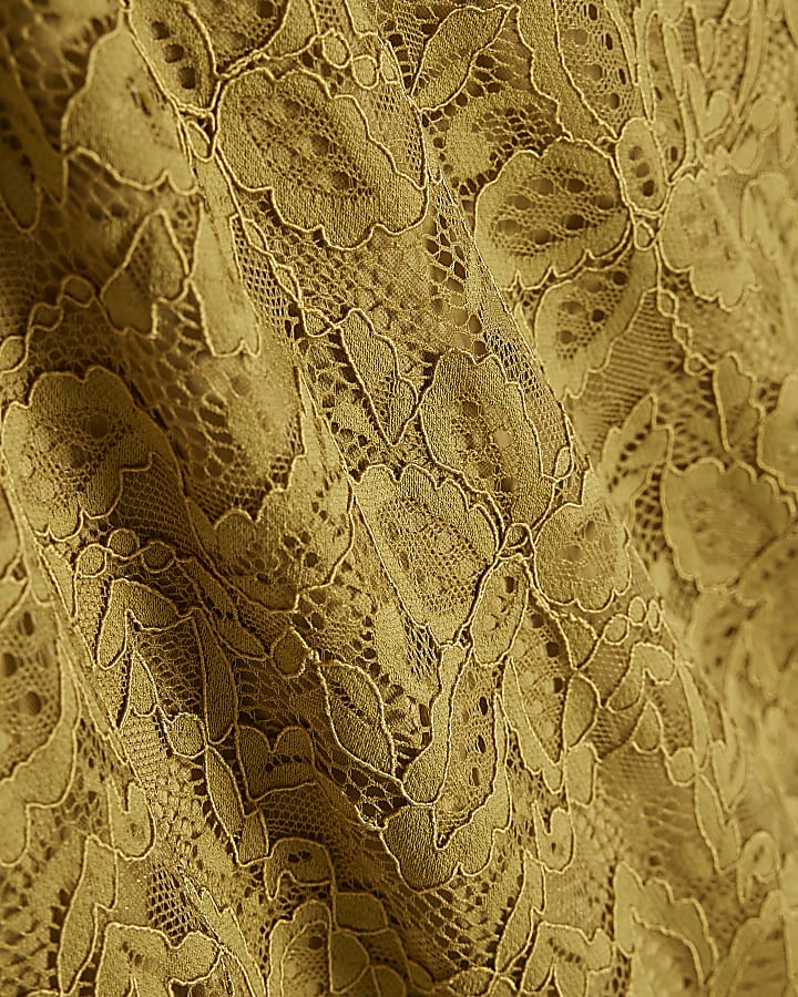 Khaki Cotton Blend Lace Midi Skirt