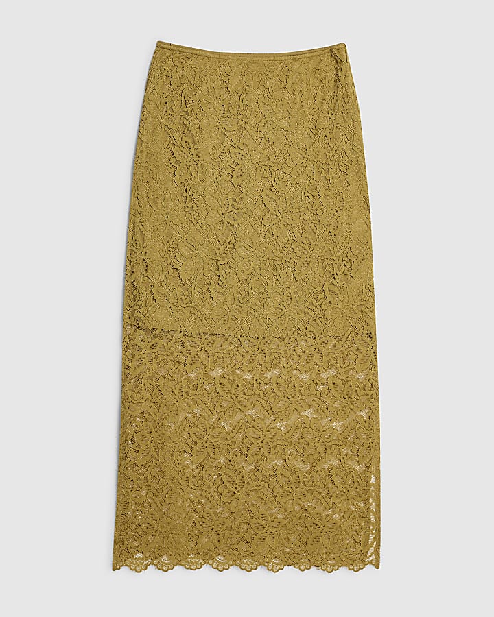 Khaki Cotton Blend Lace Midi Skirt