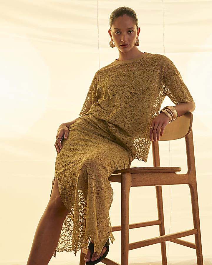Khaki Cotton Blend Lace Midi Skirt