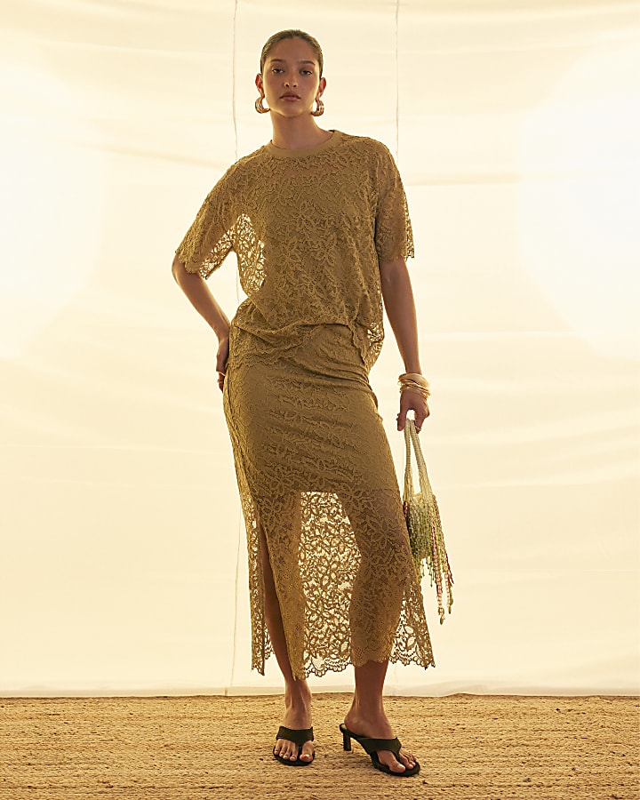 Khaki Cotton Blend Lace Midi Skirt