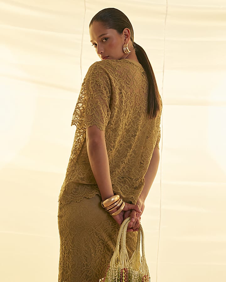 Khaki Cotton Blend Short Sleeve Lace T-shirt