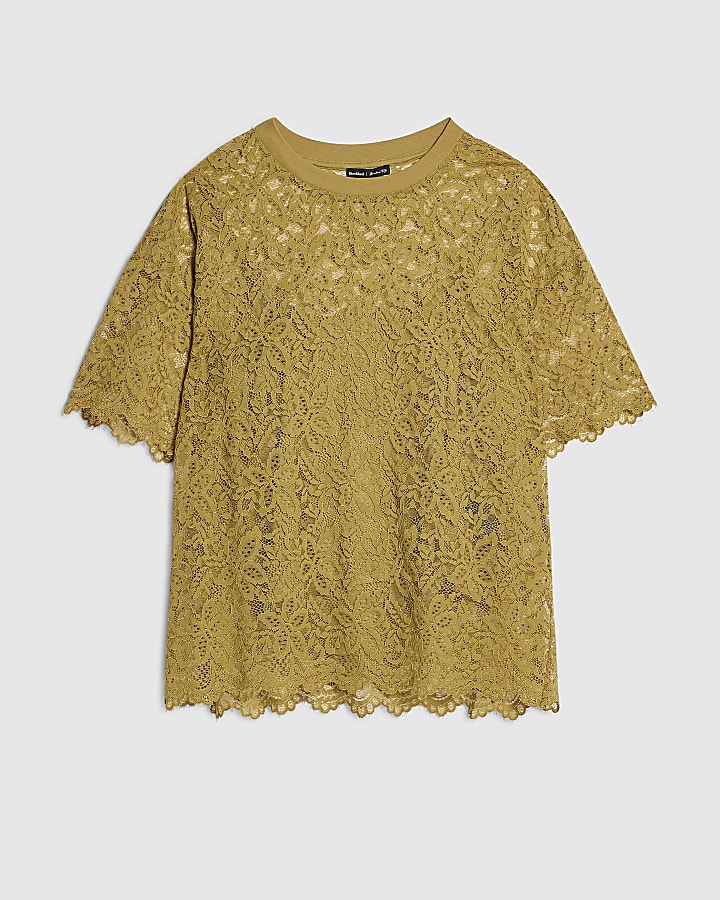 Khaki Cotton Blend Short Sleeve Lace T-shirt