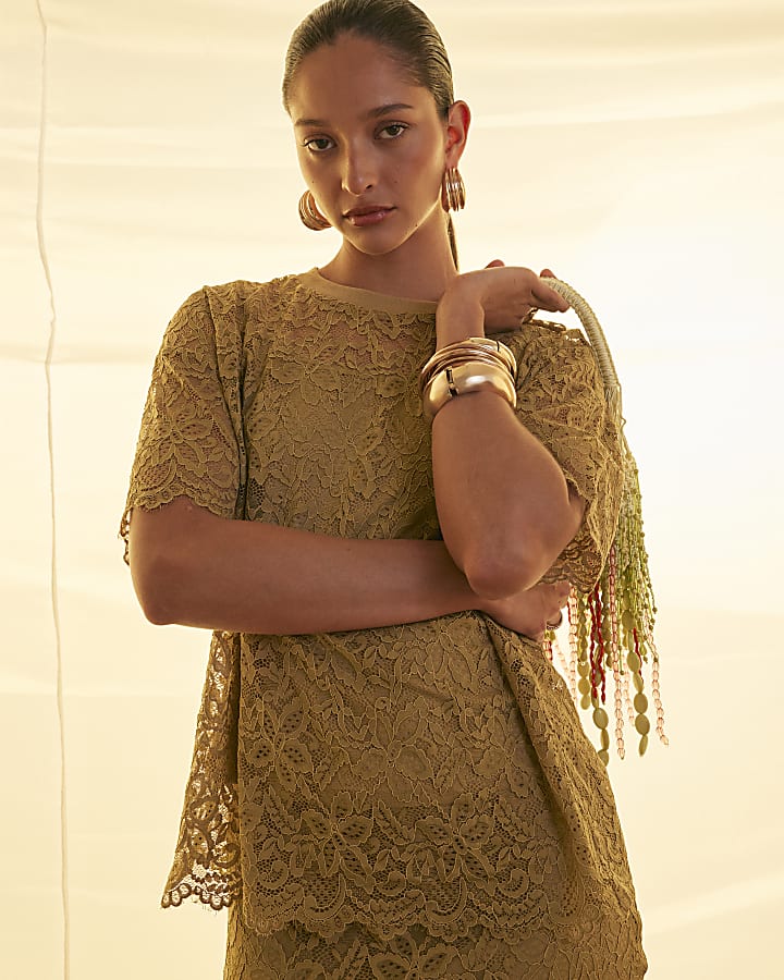 Khaki Cotton Blend Short Sleeve Lace T-shirt