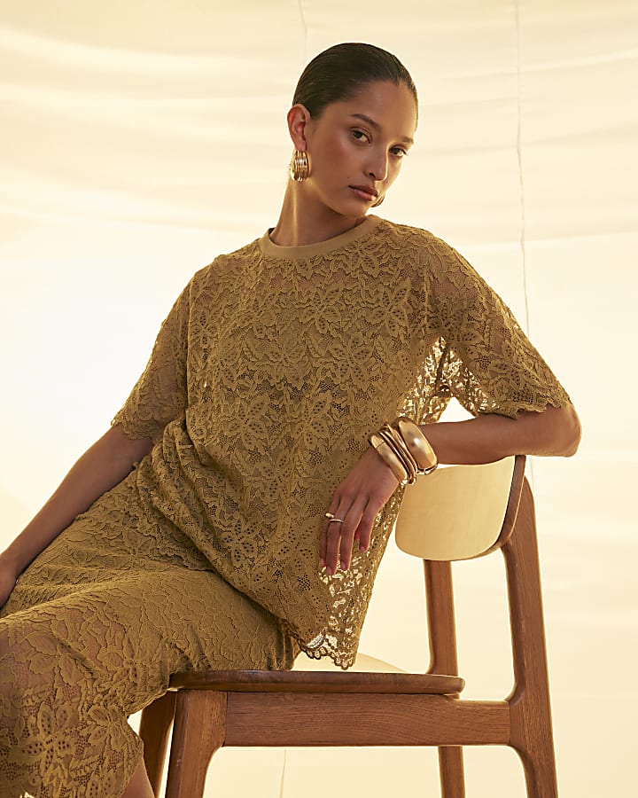 Khaki Cotton Blend Short Sleeve Lace T-shirt